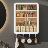 Bhakti Wall-Mounted Self-Adhesive Bathroom & Kitchen Organiser with Doors and Shelves Plastic Wall Shelf(Number of Shelves – 3, White)