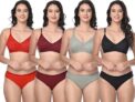QOXOLYZ Women’s Cotton Lingerie Set with Full Coverage Bra and Hipster Panty,Seamless Non-Padded Bra (34, Maroon::Red::Black::Baby Green)