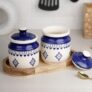 The Earth Store Blue Drape Ceramic Jar with Wooden Tray | 650ml Each | Pickle Jar | Kitchen Storage Container Set for Pickle, Cookies, Sugar, Tea, Coffee – 2 Jars & 1 Tray Combo Set
