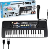 Wembley Kids Piano with Mic – Rechargeable & Portable Electronic Keyboard Musical Toy for Beginners Boys & Girls Ages 3-9 Years with Recording, 37 Keys, 8 Rhythms, 8 Tones, 6 Demos Function – Black