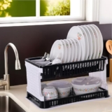 Kuber Industries Plastic 2 Tier Dish Drainer Rack | Kitchen Vessels Storage Rack | Bartan Stand | Drainer Drying Rack Washing Basket with Tray | Kitchen Utensils Organizer | Black & White, 47 x 29 x 28 cm