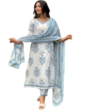 Nermosa Block Printed Kurta set for Women with Dupatta (IN, Alpha, S, White)