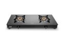 Glen Apex 2 Burner LPG Gas Stove 66 cm | 6mm Toughened Glass Top | Brass Burners | ISI Certified | Manual Ignition | Black with Drip Trays & Revolving Inlet Nozzle | 2 Year Warranty