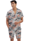 Amazon Brand – Anarva Mens Camouflage Co-ord Set | Cotton Blend Printed Shirt and Shorts Combo for Summer | Stylish 2-Piece Casual Outfit for Men Pink Grey, L