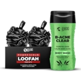 Beardo B-acne Clear Body Wash 200ml & Power Scrub Loofah Pack of 2 (Set of 2) | Acne-Fighting Body Wash With Neem, Tea Tree and Salicylic Acid | Deep Cleansing & Exfoliating Scrub with Loofah for Men – Prevent Body Acne & Pimples | Ideal for Oily & Acne-Prone Skin | Perfect Skincare Combo for Smooth & Clear Skin