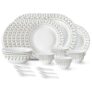 Larah by Borosil Ora Gold Fluted Series Opalware Dinner Set of Plate, Veg Bowls, Soup Bowl, Spoons, Serving Bowl and Oval Rice Plate | Bone-Ash Free Crockery Set for Dining (White, 33 Pieces)