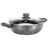 amazon basics Aluminium Granite Finish Kadhai with Glass Lid | Non-Stick | Soft Touch Handles | Induction Bottom | 2500 ml | Grey