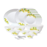 Larah by Borosil – Tiara Series, Golden Shower, 33 Pcs, Opalware Dinner Set, White