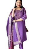 Women’s Chanderi Silk Kurti with Rayon Slub Pants & Dupatta | Printed Three-Quarter Sleeve Ethnic Set 6 Purple-S