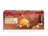 Santoor Royal Sandal Detan Pack | 6 Soaps (125g Each) + Free Serum (15ml) | 100% Sandalwood Oil & Powder | 3-Step Natural Detan | Reduces tan, Improves complexion, Even Skin Tone & Glow
