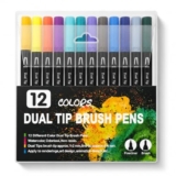 Corslet 12 Pcs Dual Tip Brush Pens Vibrant Colours for Mandala Colouring Professional Dual Tip Felt Tip Pens with Flexible Brush Tip & Extra Fine Liner Tip for Detailed Artwork Watercolour Markers