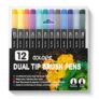 Corslet 12 Pcs Dual Tip Brush Pens Vibrant Colours for Mandala Colouring Professional Dual Tip Felt Tip Pens with Flexible Brush Tip & Extra Fine Liner Tip for Detailed Artwork Watercolour Markers