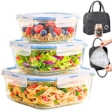 ALTITUDE Borosilicate Glass Food Storage Containers Set of 3 with Airtight Locking Lids, 340ml 500ml 820ml, Insulated Lunch Bag & 120ml Glass Jar, Microwave Oven Freezer Safe