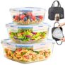 ALTITUDE Borosilicate Glass Food Storage Containers Set of 3 with Airtight Locking Lids, 340ml 500ml 820ml, Insulated Lunch Bag & 120ml Glass Jar, Microwave Oven Freezer Safe