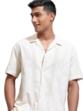Locomotive Men’s Relaxed Fit Shirts | Striped | Half Sleeves | Cuban Collar | Casual Shirts | Men Shirts Beige