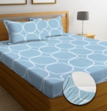 NEW LEAF Premium Cotton Elastic Fitted Bedsheets with 2 King Size Pillow Covers Double Bed with All Around Elastic Supersoft Size – 72 King Sizex78+10 inches Grey White Oval Pattren 200 tc – 220 tc