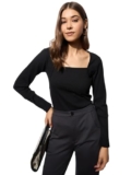 barcino Rib Stitch Square Neck Full Sleeves Top Black