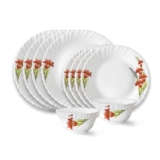 Larah by Borosil Red Iris Fluted Series Opalware Dinner Set | 12 Pieces for Family of 4 | Microwave & Dishwasher Safe | Bone-Ash Free | Crockery Set for Dining & Gifting | Plates & Bowls | White
