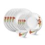 Larah by Borosil Red Iris Fluted Series Opalware Dinner Set | 12 Pieces for Family of 4 | Microwave & Dishwasher Safe | Bone-Ash Free | Crockery Set for Dining & Gifting | Plates & Bowls | White