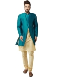 SOJANYA (Since 1958 Men’s Silk Blend Gold Kurta Churidaar Pyjama & Peacock Blue Jacket COMBO Size 44