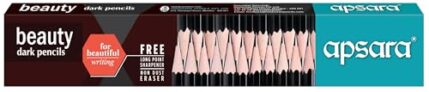 Apsara Beauty Pencils, Hexagonal Body for Strong Grip, Classic Black Design for Premium Look, Good Handwriting, Free Sharpener & Eraser, Non-toxic (Pack of 10 Pencils)