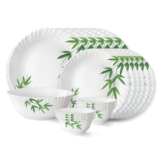 Larah by Borosil Bamboo Leaves Fluted Series Opalware Dinner Set | 19 Pieces for Family of 6 | Microwave & Dishwasher Safe | Bone-Ash Free | Crockery Set for Dining & Gifting | Plates & Bowls | White