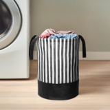 PrettyKrafts 45L Non Woven Stripe Printed Round Foldable Large Laundry Bag/Basket With Handles, Freestanding Clothes Storage Organizer for Bedroom, Bathroom, Dorm (36x36x45cm, Black, Set of 1)