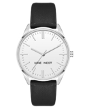 Nine West Women’s Analog Watch, Black Faux Leather Strap, Vegan Leather Strap, Limited Movement, Second Hand Feature, Silver-Tone Dial