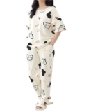 Louis Luxe Womens Korean Night Dress || Full Pyjama Set ||Korean Nightsuit || Women Nightwear ||Round Neck Full Sleeve Nightsuit || Loungewear || Everyday Nightdress (ND-10-CREAM-M)