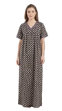 Evolove Cotton Nighty Maxi for Women with Side Pocket | Floral Print Round Neck Short Sleeves Full Length Night Wear Gown | Black – Small