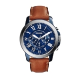 Fossil Men’s Watch, Grant Quartz Stainless Steel and Leather Chronograph Watch for Men, Color: Silver/Blue, Luggage