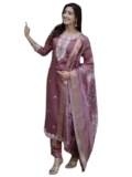 Women’s Chanderi Silk Kurti with Rayon Slub Pants & Dupatta | Printed Three-Quarter Sleeve Ethnic SetRound Wine-2XL