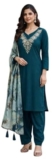 Women’s Chanderi Silk Kurti with Rayon Slub Pants & Dupatta | Printed Three-Quarter Sleeve Ethnic Setv Turquose-2XL