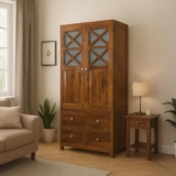 EXCEL Home Cross Pattern Solid Wood 2-Door Wardrobe in Provincial Teak Finish