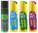 Set Wet Deodorant Spray Perfume for Men, 150ml (Cool, Charm and Swag Avatar Pack of 3) & Set Wet Hair Spray for Men Extreme Hold 200ml