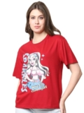 Fabflee Oversized Cotton Baggy Drop Shoulder Graphic Tee with Half Sleeves | Korean Casual Loose T-Shirt for Women, Red, XL