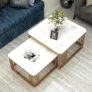 Home Sparkle Iron Frame Handmade Square Coffee Table | Center Table for Living Room with Marble MDF White Top | Sitting Room | Set of 2 | Big : 21″ X 21″ X 18″, Small : 17″ X 17″ X 16″ (White & Gold)
