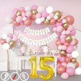 Mystic Toy Store 15th Birthday Decoration Items for Pink and White Theme Combination for Girls| 50 Pcs Pink White Gold Rose Gold Balloon| White Birthday Banner| Balloon Pump| Arch Tape| Glue Dots