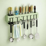 Bakaziky Wall Mounted Kitchen Organizer Rack with Knife Holder Slots, Utensil Hanging Hooks, Towel Bar and Storage Cup, Drill or Adhesive Installation Kitchen Storage Shelf Unit (GREEN__01)