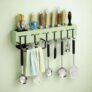 Bakaziky Wall Mounted Kitchen Organizer Rack with Knife Holder Slots, Utensil Hanging Hooks, Towel Bar and Storage Cup, Drill or Adhesive Installation Kitchen Storage Shelf Unit (GREEN__01)