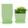 ELUVIA 7-inch Square Planters with Saucers (Set of 5) – Modern Fluted Flower Pots with Drainage Holes and Trays – Premium Plastic Indoor Outdoor Plant Pots for Succulents, Flowers (Pista)