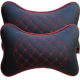 DETACHI Faux Leather Car Neck Rest Pillow/Cushion Set of Pillows Compatible with All Cars (Black, with RED Embroidery) – Pack of 2 Pieces