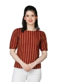 ZUVINO Striped Cotton Top for Women With Puffed Sleeves – Basic Summer and Formal Top (Small, Wine)