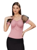 Miss Chase Women’s Solid V-Neck Short Sleeve Relaxed Fit Regular Top (MCSS23TP99-48-267-03, Dusty Pink & Black, S)