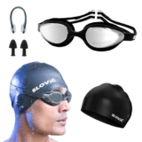 Slovic Swimming Kit | Swimming Goggles & Swimming Cap with Ear Plug, Nose Clip | Stylish Pool Cap for Long Hair | UV Protection | Anti Fog | Free Size Swim Cap | Black Combo