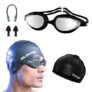 Slovic Swimming Kit | Swimming Goggles & Swimming Cap with Ear Plug, Nose Clip | Stylish Pool Cap for Long Hair | UV Protection | Anti Fog | Free Size Swim Cap | Black Combo