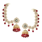 Rubans Womens 22K Gold-Plated Kundan Studded Kan Chain Earrings with Red Beads & Green Enamel Detailing