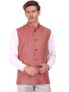 SKAVIJ Men’s Indian Dupion Silk Weaving Design Sleeve Less Nehru Jacket Waistcoat Red_M